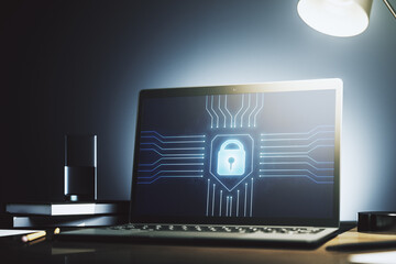 Poster - Computer monitor with creative light lock illustration and microcircuit, cyber security concept. 3D Rendering