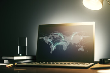 Poster - Modern computer monitor with abstract digital world map with connections, research and strategy concept. 3D Rendering