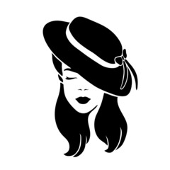 Wall Mural - Portrait lady with an elegant hat on white background. Beauty logo design. Vector illustration of a beautiful woman.