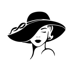 portrait lady with an elegant hat on white background. beauty logo design. vector illustration of a 