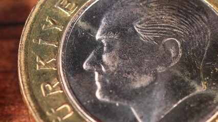 Wall Mural - Panning on One Turkish Lira. Commemorative coin showing Mustafa Kemal Ataturk and on the other side hands stretching towards Turkish Flag. Democracy and National Solidarity Day in Turkey. Freshly mint