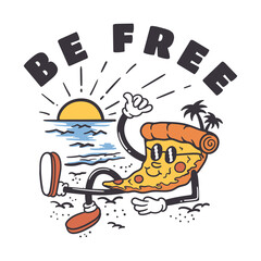 mascot character illustration of a slice of pizza relaxing on the beach