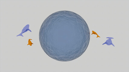 Poster - Abstract liquid 3D blue ball surrounded by swimming sharks, seamless loop. Design. Close up of rippling water sphere with fishes isolated on a white background.