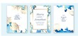 Set of wedding cards, invitation. Save the date sea style design. Blue watercolor wash.  Summer background. Hand drawn seashells with golden texture. Sea wedding concept.