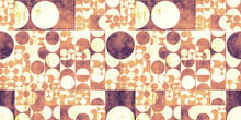 Retro 70s Abstract Geometric Circles Wallpaper Pattern. Distressed And Grungy Hand Painted Watercolor Seamless Textile Design Background In Warm Vintage Rust Orange Brown Earth Tones. 3D Rendering.