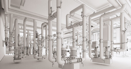Fototapete - Conceptual visualization of the BIM model utilities of the building at blueprint style	