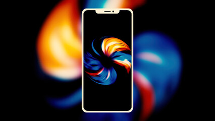 Poster - Beautiful purple and green rotating spiral pattern and a silhouette of a modern smartphone. Motion. Presentation of a new phone design.