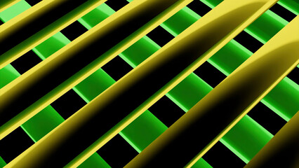 Poster - Moving colorful stripes crossed by another layer of 3D lines, tech background. Design. Horizontal metallic glowing stripes, seamless loop.