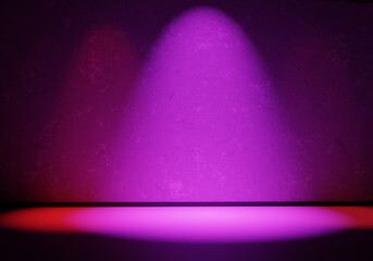 Poster - Podium with neon illumination. Pink light illuminates worn wall. Place to display goods. Podium stand for advertising. Neon background for product demonstration. Nobody advertising podium. 3d image.