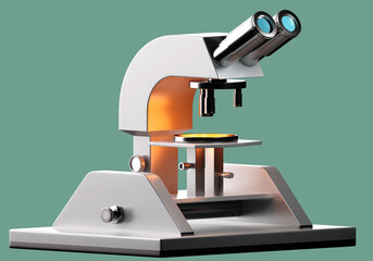 Poster - Modern microscope. Close-up of simple illuminated microscope. Researcher microscope on turquoise. Scientific instrument visualization. Concept of laboratory research and experiments. 3d rendering.
