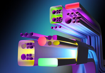 Poster - Technological background. Cable is neon. Abstraction wires. Wires for electronics close-up. Visualization of electronic wires. Multicolored technological background. Technological cables. 3d image.