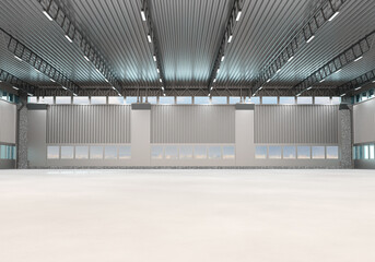 Aufkleber - Industrial building interior. Empty building for factory or plant. Spacious industrial building with concrete floor. Light industrial room with windows. Factory space rental. 3d rendering.