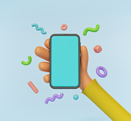 Poster - hand holding blank empty smartphone with colorful decoration elements. copy space. 3d rendering
