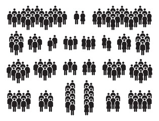 People in crowd black silhouette icons, citizen or society community. Human stick figure gather sign. Men and women on demonstration vector set