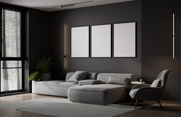 Wall Mural - Frame mockup in luxury modern dark living room interior, empty wall mock up, 3d render