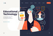 Technology Memphis - educational technology -modern flat vector concept digital illustration of distant education via application, student and tutor video chat. Creative landing web page template