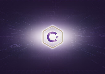 Leinwandbilder - C Sharp sign and program code on purple background. c# programming concept. Coding language, Software development. Learning C Sharp, training, computer courses, Web banner. Vector illustration.