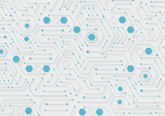 Poster - Futuristic electronic circuit technology and hexagon on while background. Hi-tech digital data connection system. Computer motherboard. Communication and engineering concept. Vector illustration.