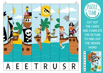 Wall Mural - Vector pirate scrambled picture. Cut and glue activity with hidden word. Treasure island crafting game with cute marine scene with ship. Fun sea adventure printable worksheet for kids.