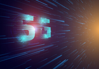 Poster - 5G symbol with blue abstract futuristic background. 5th generation of wireless internet connection. Digital Global network high-speed technology concept.