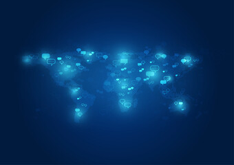Poster - Chat icons Over dotted world map background. Global worldwide communication concept. Social networking and texting. Online communication with mobile smartphone. Vector Illustration EPS10.