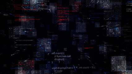 Poster - Digital cyberspace with network connections and data analysis, high tech concept. Animation. Blocks of endlessly written program code, seamless loop.