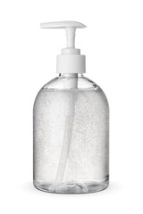 Wall Mural - Transparent plastic bottle with liquid hand soap or sanitizer isolated on white.