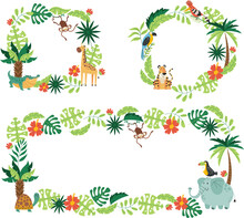 Jungle Tropical Animal Frame Border Collection. Vector Flat Cartoon Design Element Illustration