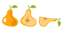 Whole And Slice Pear Simple Set Design Element. Vector Flat Cartoon Design Element Illustration
