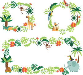  Jungle tropical animal frame border collection. Vector flat cartoon design element illustration