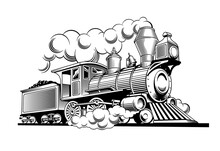 Vintage Steam Train Locomotive, Engraving Style Vector Illustration.