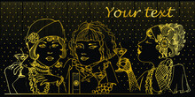 Gatsby Women Drinking Cocktails In The Bar. Vintage Hollywood Glamour Of The 20's. Flapper Girls. Menu In The Bar Or In The Restaurant. Art Deco, Retro Party Invitation Card. Hand Drawn Vector