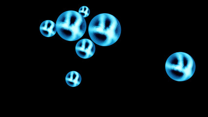 Poster - Rotating spheres with energy lines on abstract black background, seamless loop. Design. Spinning blue translucent molecules.