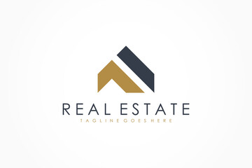 Poster - black and gold initial letter m real estate logo image on white background. flat vector logo design 