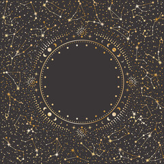 Wall Mural - vector mystical celestial background with golden zodiac constellations and round frame with moon pha