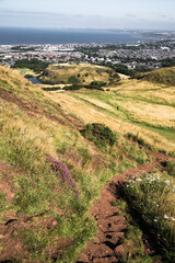 Sticker - Scotland, Edinburgh.  Holyrood park and ancient volcano. Beautiful panoramic view City of Edinburgh  from the mountain