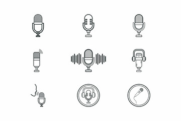 Poster - microphone icon collection vector. podcast microphone and headphone icon bundle. sound equalizer wit
