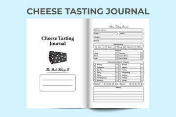Poster - Cheese-tasting KDP interior notebook. Cheese texture and taste checker interior. KDP interior journal. Dairy products characteristics and source tracker journal template. Cheese quality notebook.