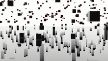 Lot Of Cubes In Computer Space With Reflection. Design. Cubes Rise Up In Stream On Isolated Background. Lot Of Black Cubes Move And Are Reflected In Parallel World
