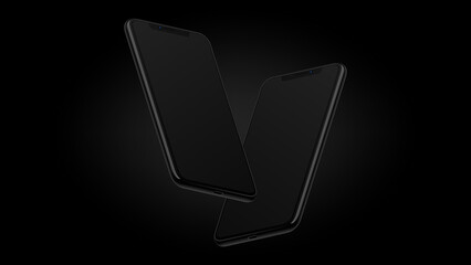 Wall Mural - Two Black Smartphones in Diagonal Angle. Editable Dark Mockup. Vector illustration