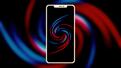 Poster - Abstract silhouette of a new new smartphone with blurred animation behind it on black background. Motion. Rotating colorful spiral on a phone screen.