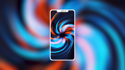 Poster - Smartphone screen with spiral. Motion. Bright screen of new phone model with splash screen. Colorful spiral on phone screen immerses and hypnotizes. Advertising animation for smartphone
