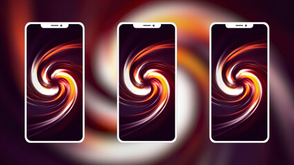 Poster - Background with multiple phones. Motion. Bright moving screensavers on screens of new phones. Advertising animation with new phones and bright screensavers