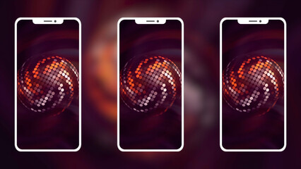 Poster - Background with multiple phones. Motion. Bright moving screensavers on screens of new phones. Advertising animation with new phones and bright screensavers