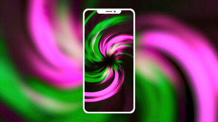 Poster - Smartphone screen with spiral. Motion. Bright screen of new phone model with splash screen. Colorful spiral on phone screen immerses and hypnotizes. Advertising animation for smartphone