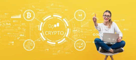 Wall Mural - Crypto Trading theme with young woman holding her laptop