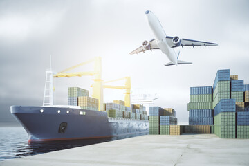 Global logistic service and transport concept with cargo plane and container ship in a port. 3D rendering