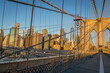 Brooklyn Bridge over East River viewed from New York City Lower Manhattan waterfront at sunrise