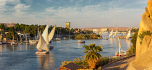 Beautiful Panorama Landscape With Felucca Boats On Nile River In Aswan At Sunset, Egypt