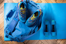 Sports Bag, Sports Shoes And Dumbbells. Fitness Ammunition. Fitness Bag And Sneakers. Fitness Mat.